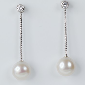 Sterling Silver/CZ Freshwater Pearl Drop Earrings